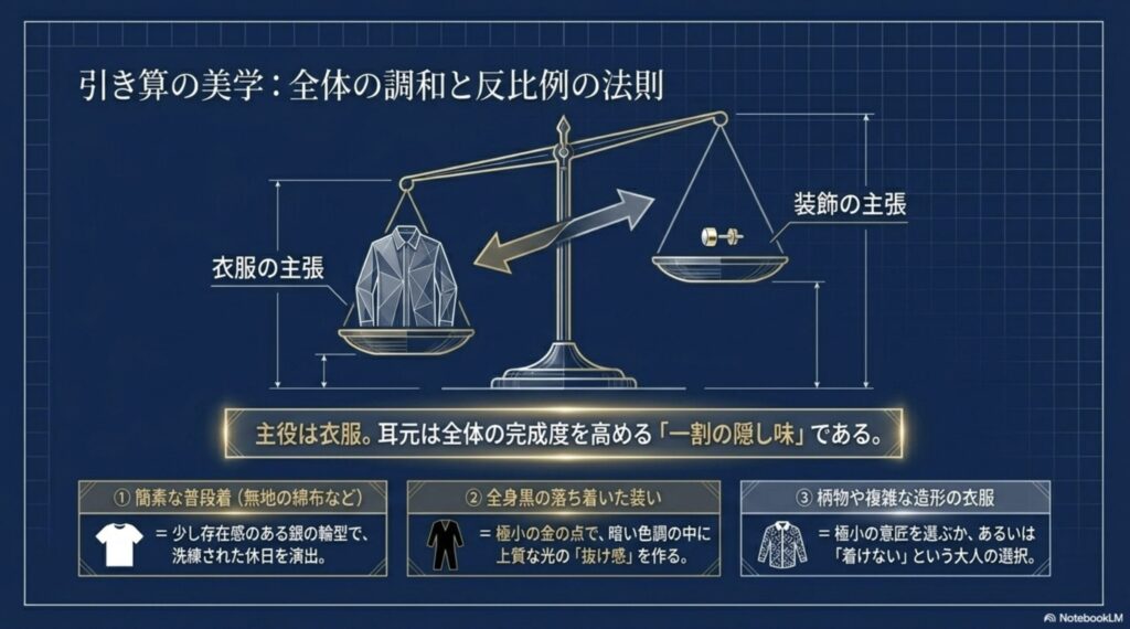 主役である衣服と一割の隠し味である装飾の主張バランスを表した引き算の美学の図解