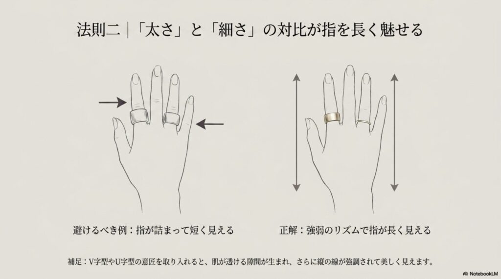 太いリング同士の配置を避け、強弱のリズムをつけることで指を長く魅せる法則。V字・U字デザインによる縦の強調についても補足。