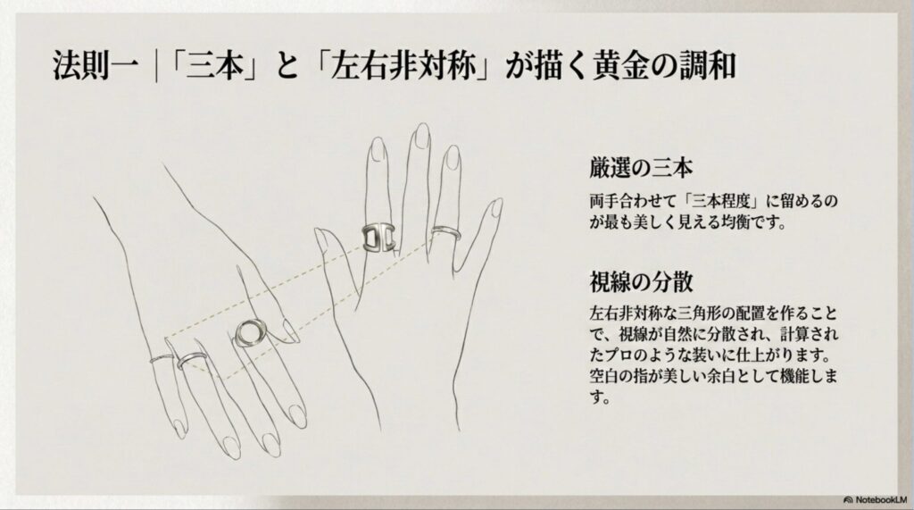 両手合わせて三本程度に留め、左右非対称な三角形の配置を作ることで、計算された調和が生まれることを解説するスライド。