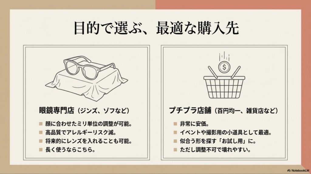 眼鏡専門店（JINS、Zoffなど）とプチプラ店舗（100均、雑貨店）の特徴比較。調整可否や品質、価格の違いを解説。