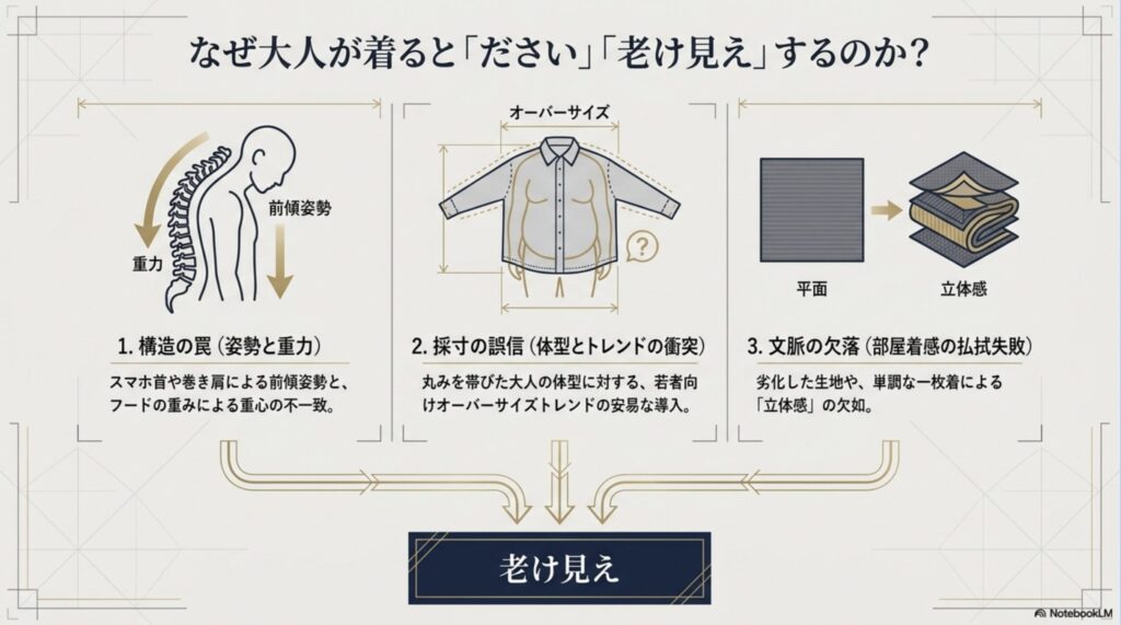 大人が半袖パーカーを着ると「ださい」と思われる3つの構造的・心理的原因（構造の罠、採寸の誤信、文脈の欠落）をまとめた比較図