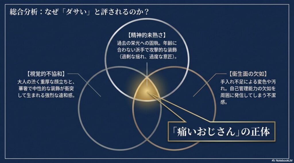 なぜ痛いおじさんと評されるのかを精神的未熟さ、視覚的不協和、衛生面の欠如の3点から分析した図表