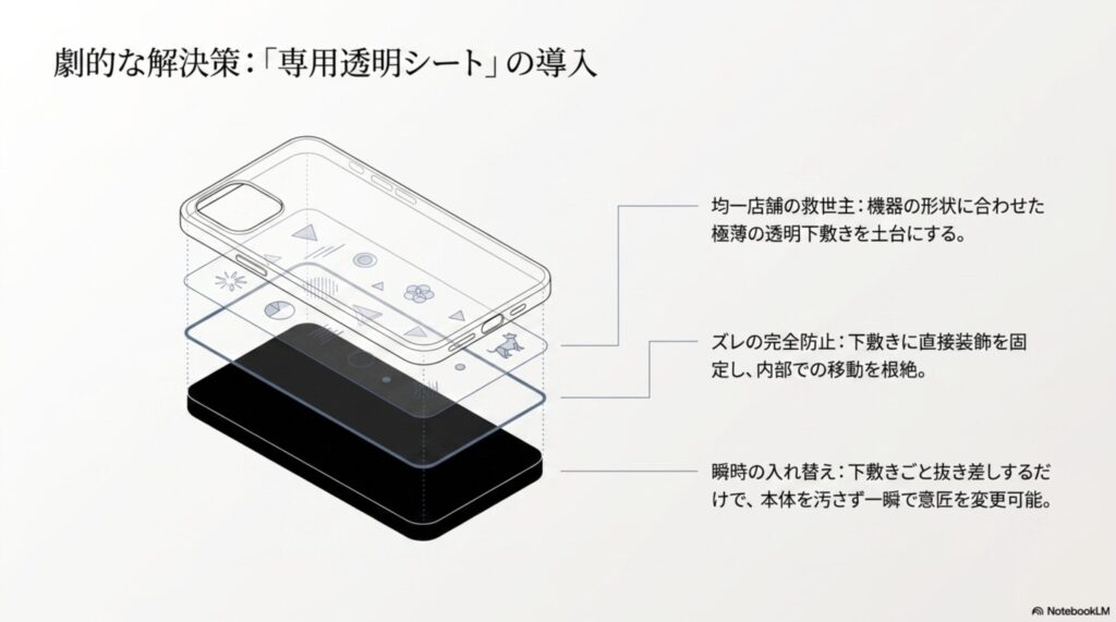 機器の形状に合わせた極薄の透明下敷き（インナーシート）を土台にすることで、ズレを完全に防止し、瞬時の着せ替えを可能にする解決策を提示したスライド。
