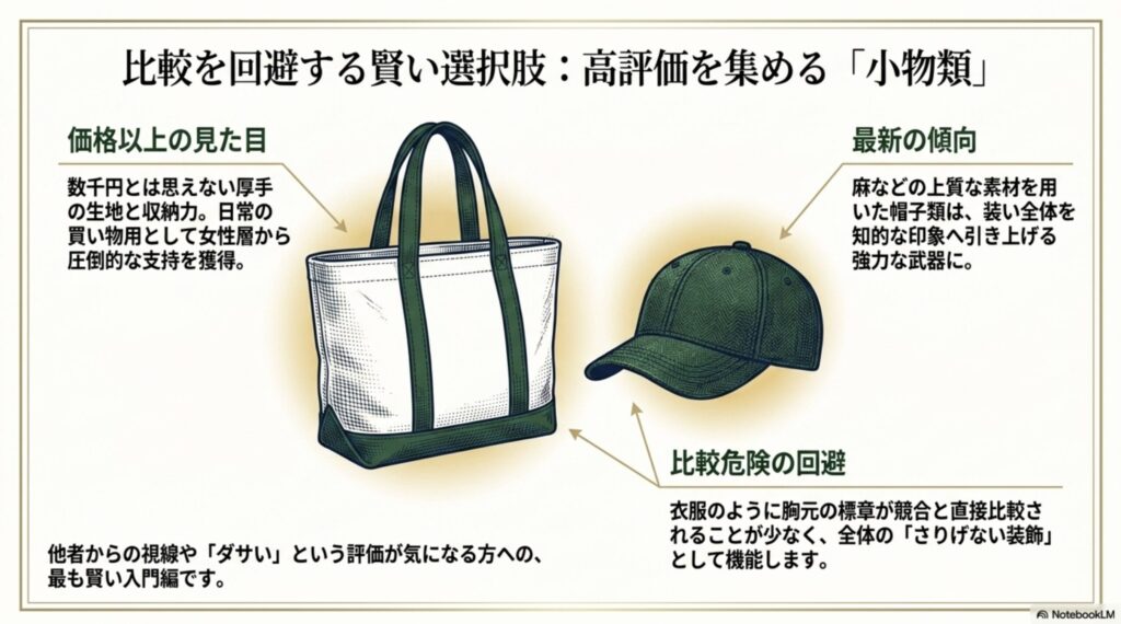 価格以上の見た目と使い勝手で高評価を集め、ブランド比較を回避しやすい小物類（バッグや帽子など）の魅力についての解説
