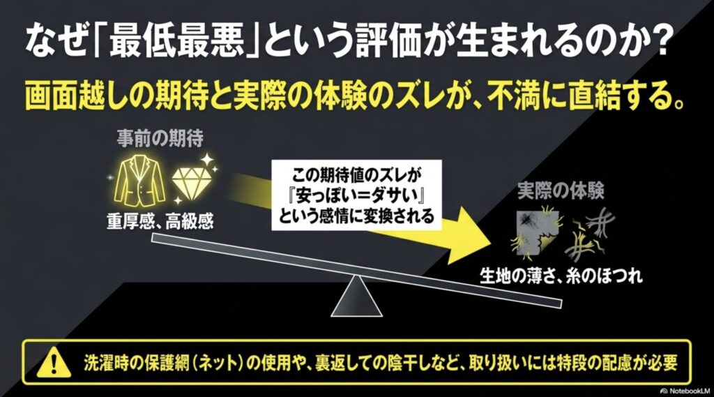 アダムスジャグラーの最低最悪という評価は、画面越しの期待と実際の体験のズレから生まれることを解説したスライド画像