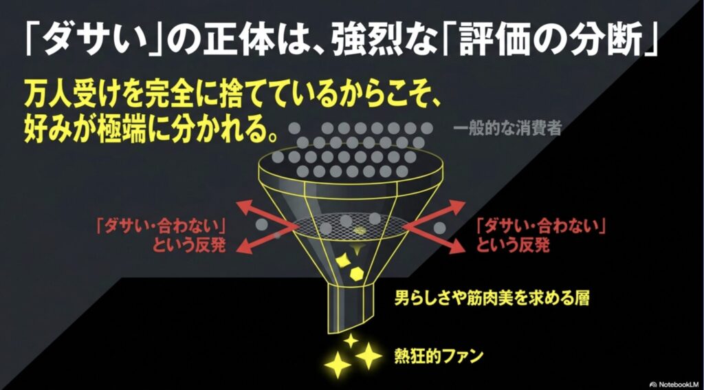 アダムスジャグラーのダサいという評価の正体は、強烈な評価の分断であることを示すスライド画像