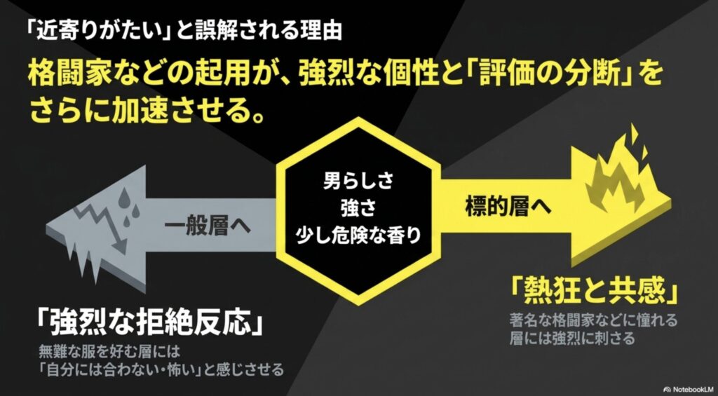 アダムスジャグラーが格闘家などの起用により、近寄りがたいと誤解される理由とターゲット層への影響を解説したスライド画像
