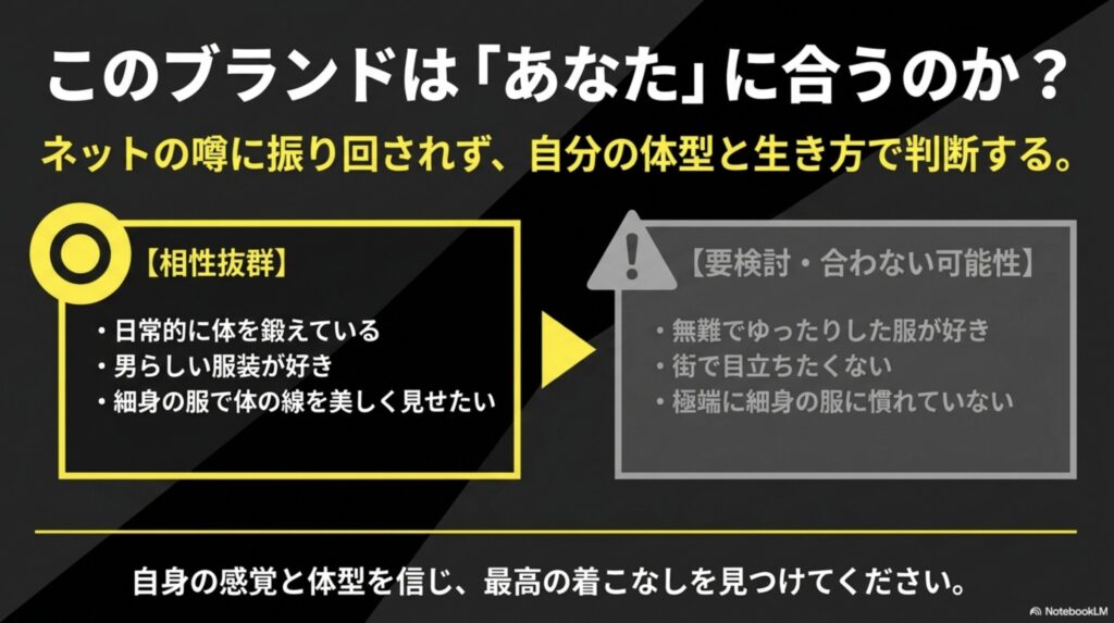 アダムスジャグラーの服が自分の体型やライフスタイルに合うかどうかを判断するための基準をまとめたスライド画像