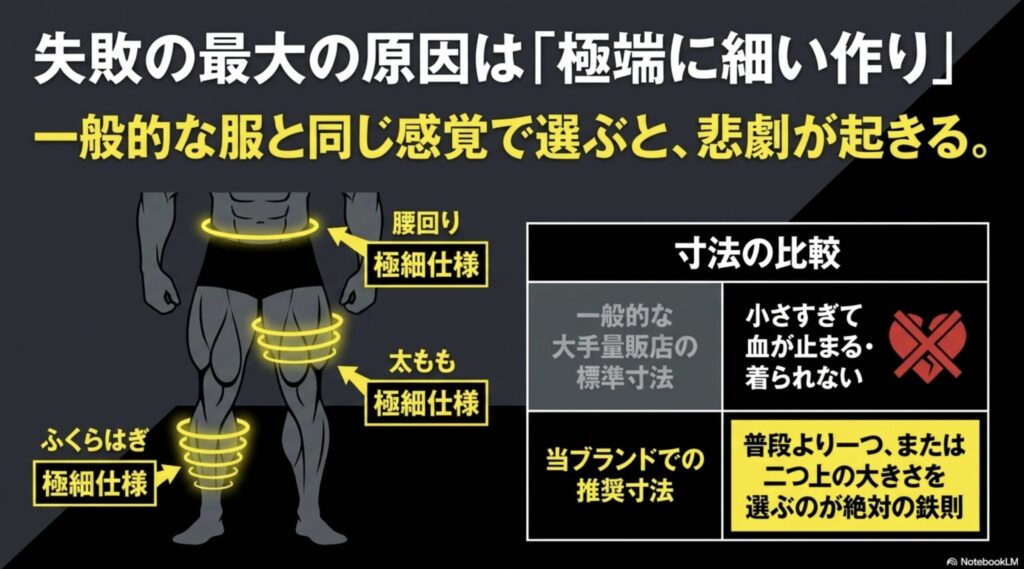アダムスジャグラーの服選びの失敗の最大の原因は極端に細い作りであることを説明したスライド画像