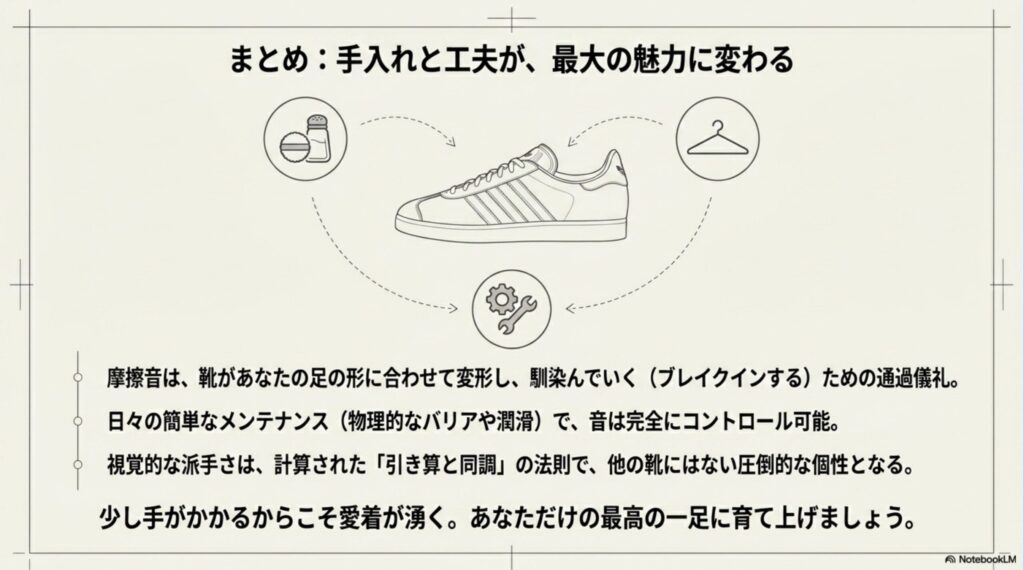 摩擦音のコントロールと引き算のスタイリングによって、少し手がかかるガゼルが自分だけの最高の一足に変わることを伝えたまとめスライド