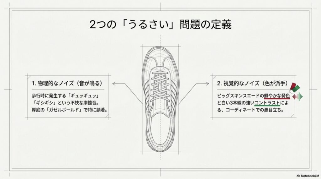 ガゼルの物理的なノイズ（摩擦音が鳴る）と視覚的なノイズ（色が派手）という2つの問題の定義をまとめたスライド