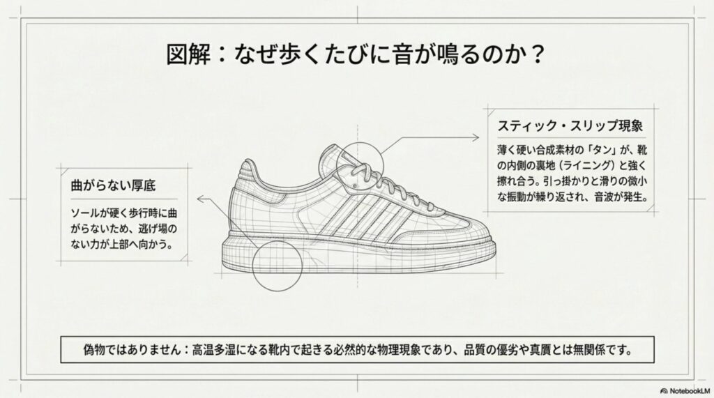 曲がらない厚底による力の集中や、タンが擦れ合うスティック・スリップ現象など、ガゼルの音が鳴る仕組みを解説した図解スライド