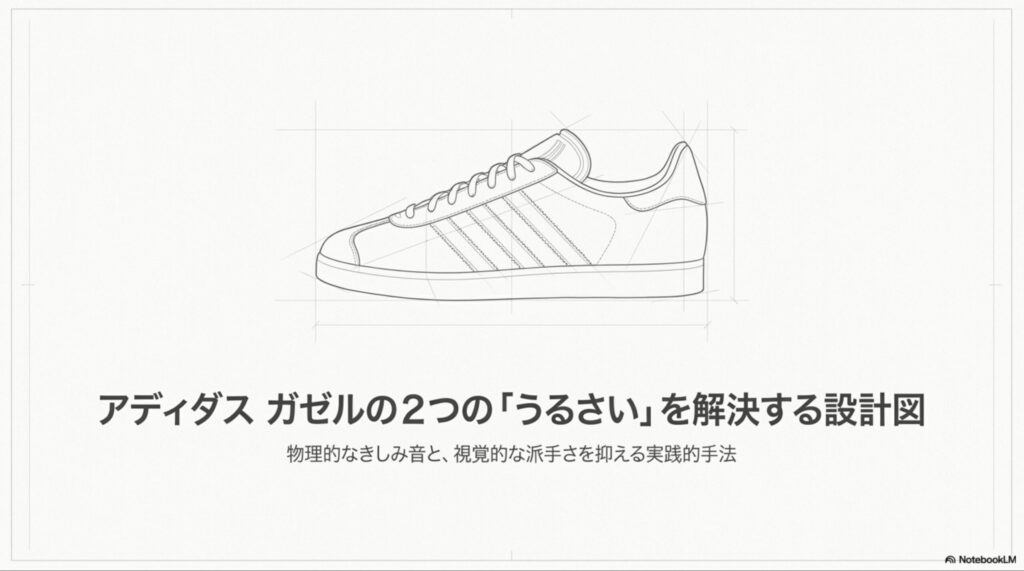 アディダスガゼルの2つの「うるさい」問題である物理的なきしみ音と視覚的な派手さを抑える実践的手法の表紙スライド