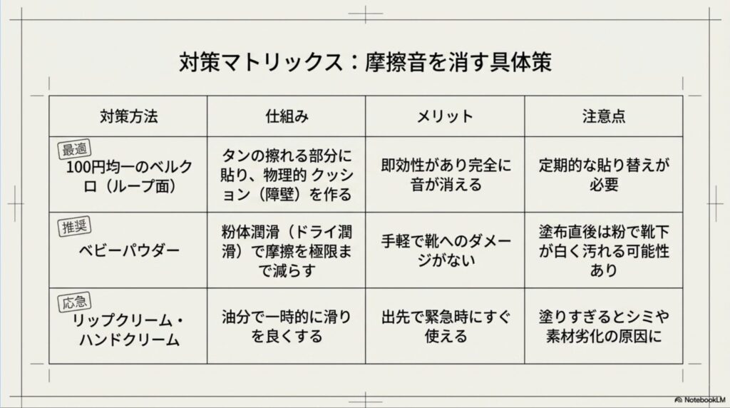 100円均一のベルクロ、ベビーパウダー、リップクリームを用いた摩擦音対策の仕組み、メリット、注意点を比較したマトリックス表