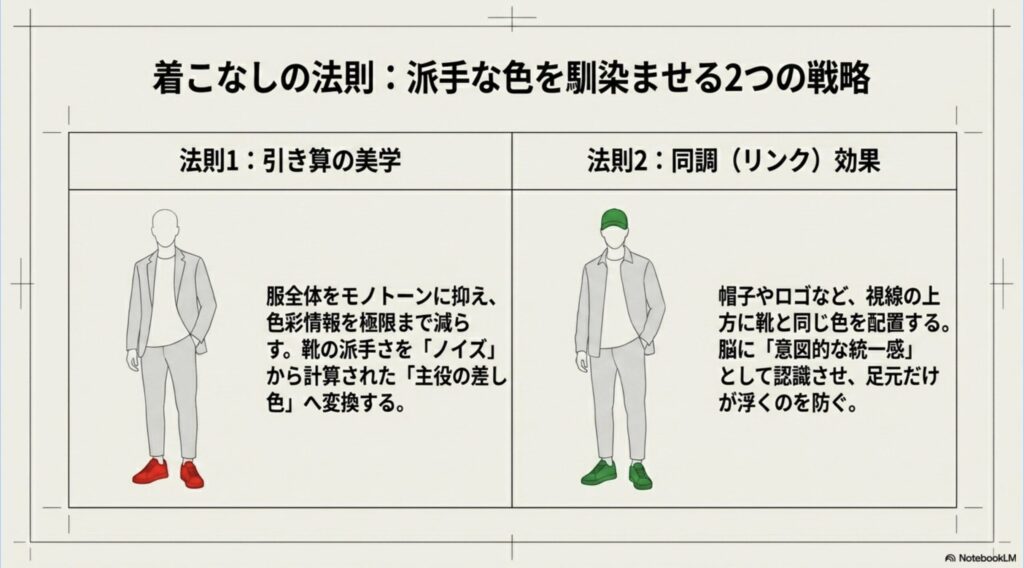 ガゼルの派手さを抑えるための「引き算の美学（服全体をモノトーンにする）」と「同調効果（帽子などと靴の色を合わせる）」の2つの法則をまとめた表
