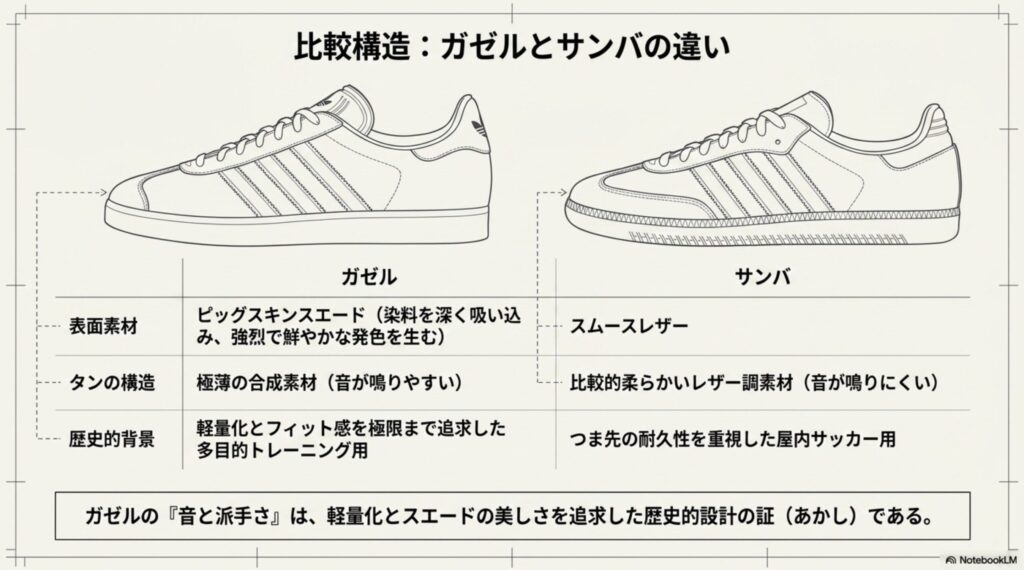 アディダスのガゼルとサンバについて、表面素材、タンの構造、歴史的背景の違いを比較した一覧表
