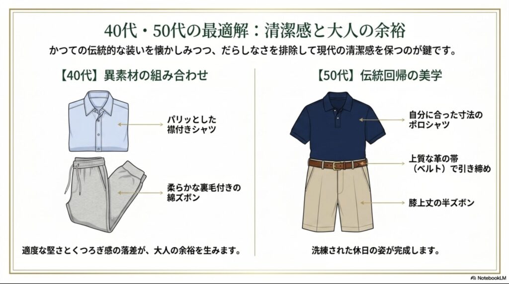 40代向けの襟付きシャツと綿ズボンの組み合わせ、50代向けのポロシャツと半ズボンの組み合わせによる、清潔感ある大人向けコーディネートのイラスト