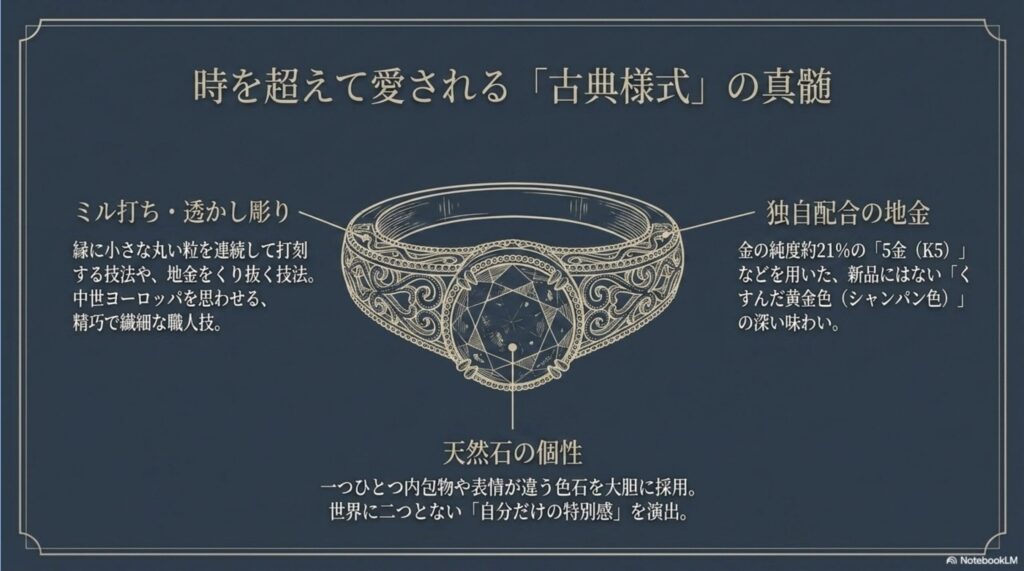 ミル打ちや透かし彫りなどの精巧な職人技、天然石の個性、独自配合の5金（K5）など、アガットが持つ時を超えて愛される古典様式の真髄を解説した図