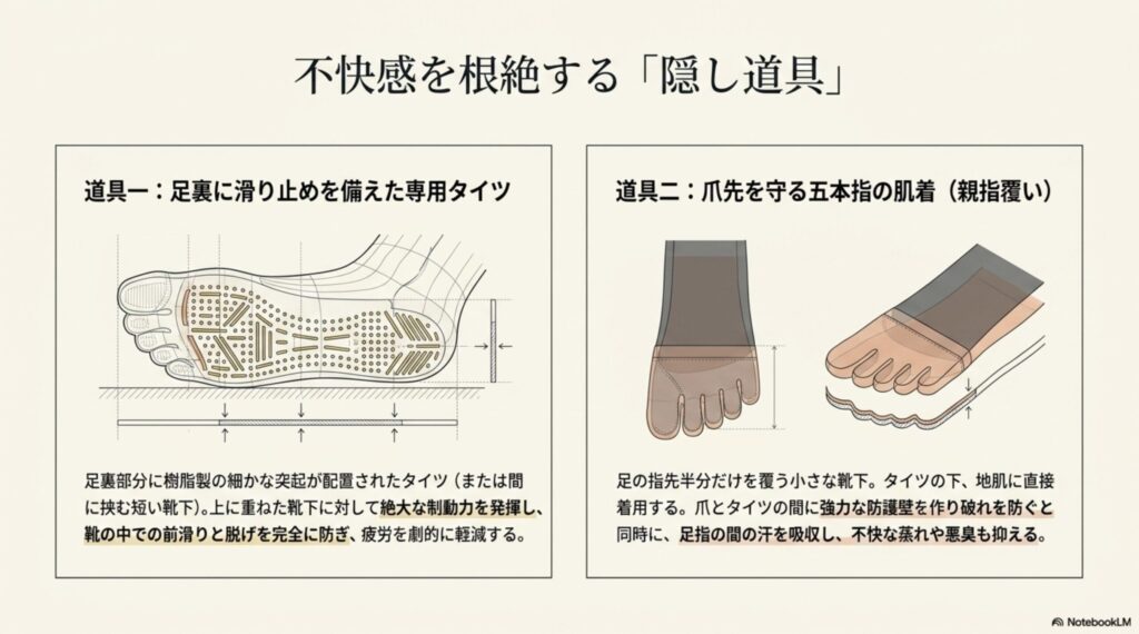 靴の中の滑りを防ぐ足裏の滑り止め専用タイツと、爪先の破れを防止する五本指インナーソックスの紹介