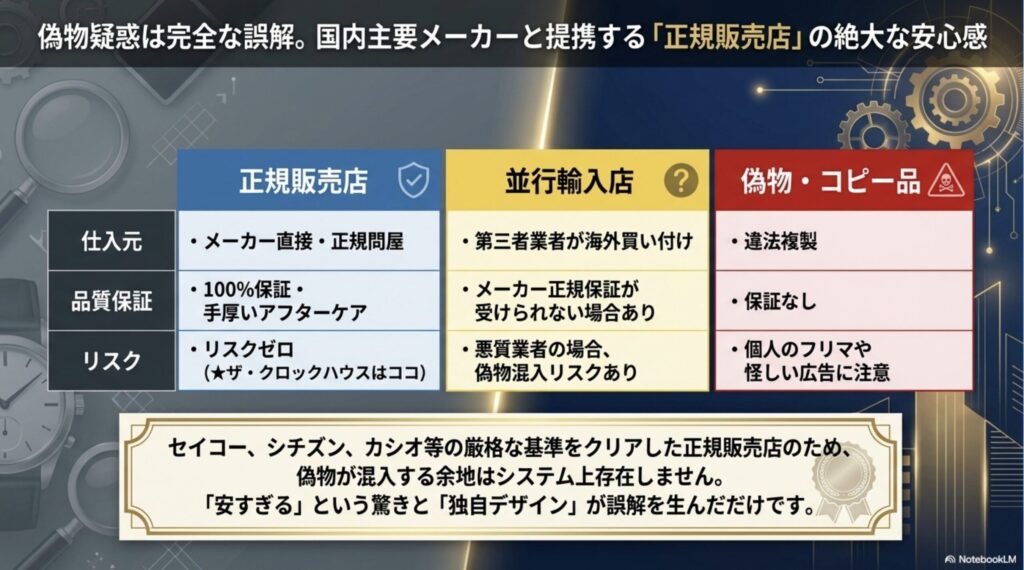 正規販売店、並行輸入店、偽物・コピー品の仕入元や品質保証、リスクの違いを比較した表