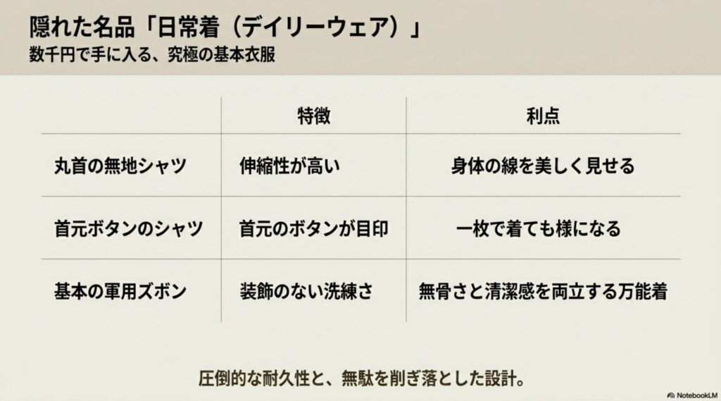 リブTシャツやヘンリーネック、ファティーグパンツなど、耐久性とシルエットに優れた日常着の魅力をまとめた表形式のスライド。