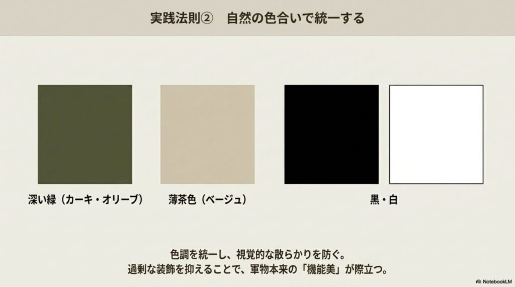 カーキ、オリーブ、ベージュ、黒、白などの色調を統一し、視覚的な散らかりを防ぐことで機能美を際立たせる方法を紹介するスライド。
