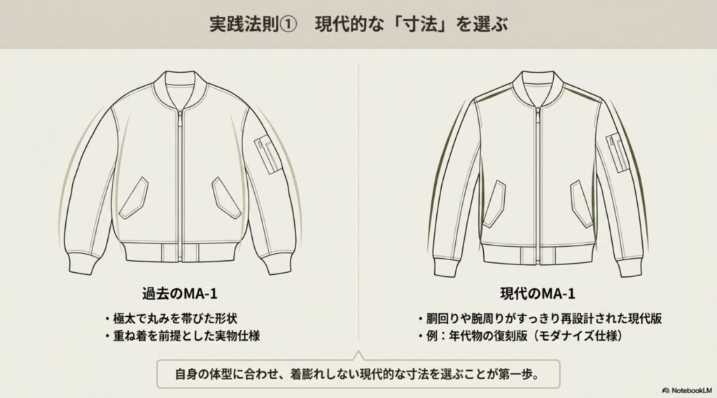 過去の極太シルエットと、現代的なすっきりとした再設計(モダナイズ)の寸法を比較し、サイズ選びの重要性を説くスライド。
