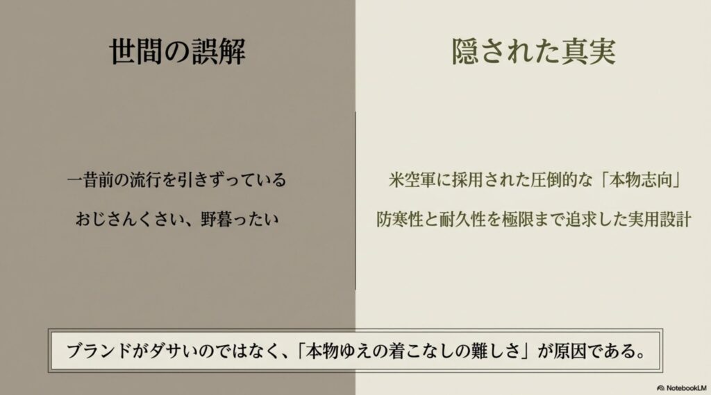「おじさんくさい」という誤解に対し、米空軍採用の本物志向という真実を対比させ、着こなしの難しさが原因であることを説明するスライド。