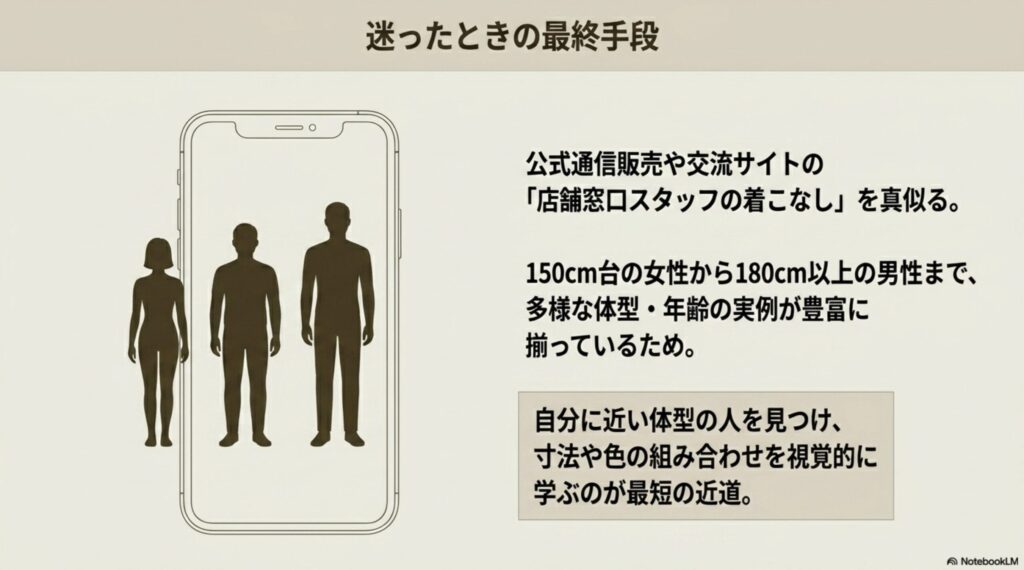 多様な体型や年齢層の店舗スタッフによるリアルな実例から、自分に合う寸法や色の組み合わせを学ぶメリットを説明するスライド。