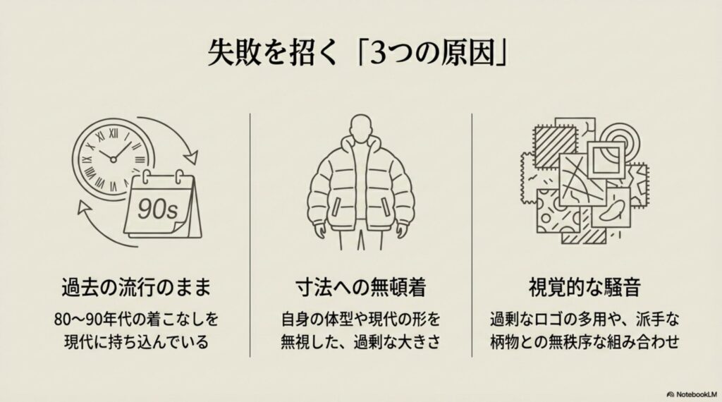 過去の流行の踏襲、寸法への無頓着、過剰なロゴ(視覚的騒音)という、ダサいと言われる3つの主な失敗要因を挙げたスライド。