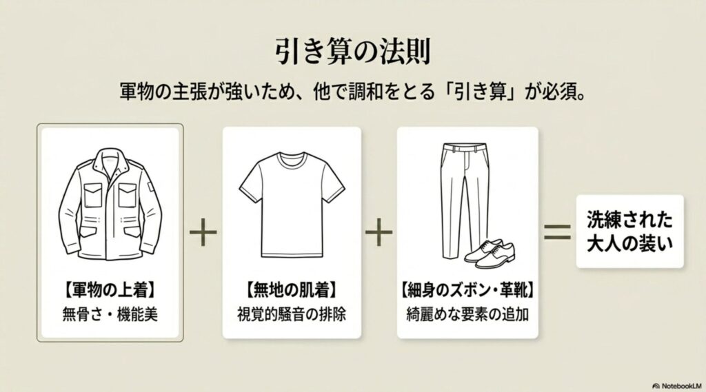 軍物の上着に無地の肌着、細身のズボンや革靴を合わせることで、武骨さと綺麗めな要素を調和させるコーディネート理論を示したスライド。