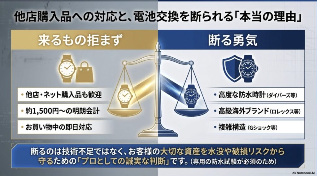 他店購入品を歓迎する姿勢と、高度な防水時計や高級時計の電池交換を断るプロとしての誠実な理由の解説