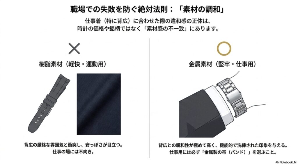 スーツに合わせた際の違和感の正体が価格や銘柄ではなく「素材感の不一致」にあることを説明する図 。背広の厳格な雰囲気と衝突し安っぽさが目立つ「樹脂素材」は不向き（X）であり、背広との親和性が極めて高く仕事用に向いている「金属素材」を選ぶべきであることを示している 。