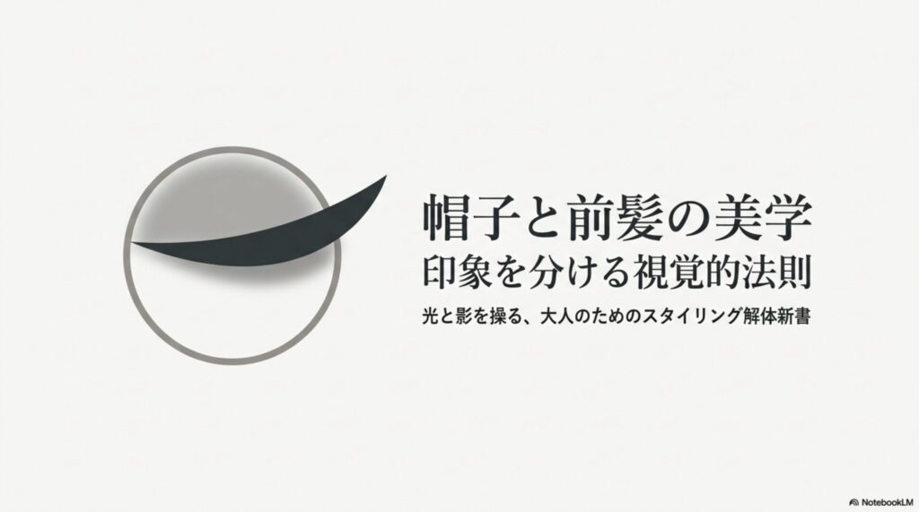 帽子と前髪のスタイリングにおける視覚的法則を解説する「帽子と前髪の美学」のタイトルスライド画像。