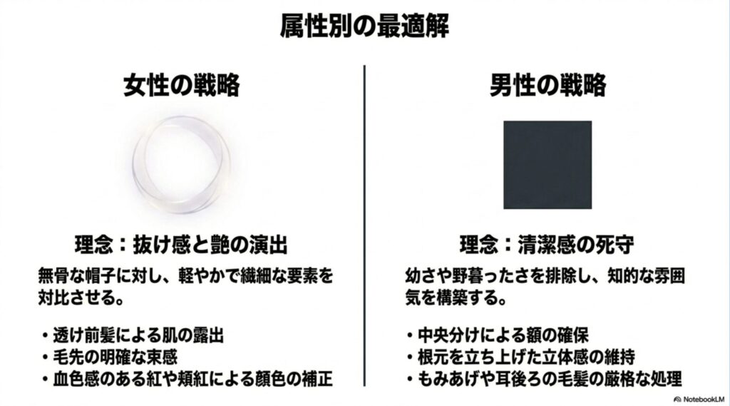 女性の戦略(抜け感と艶の演出、透け前髪、束感)と、男性の戦略(清潔感の死守、中央分け、もみあげ処理)を比較した男女別のスタイリング最適解スライド。