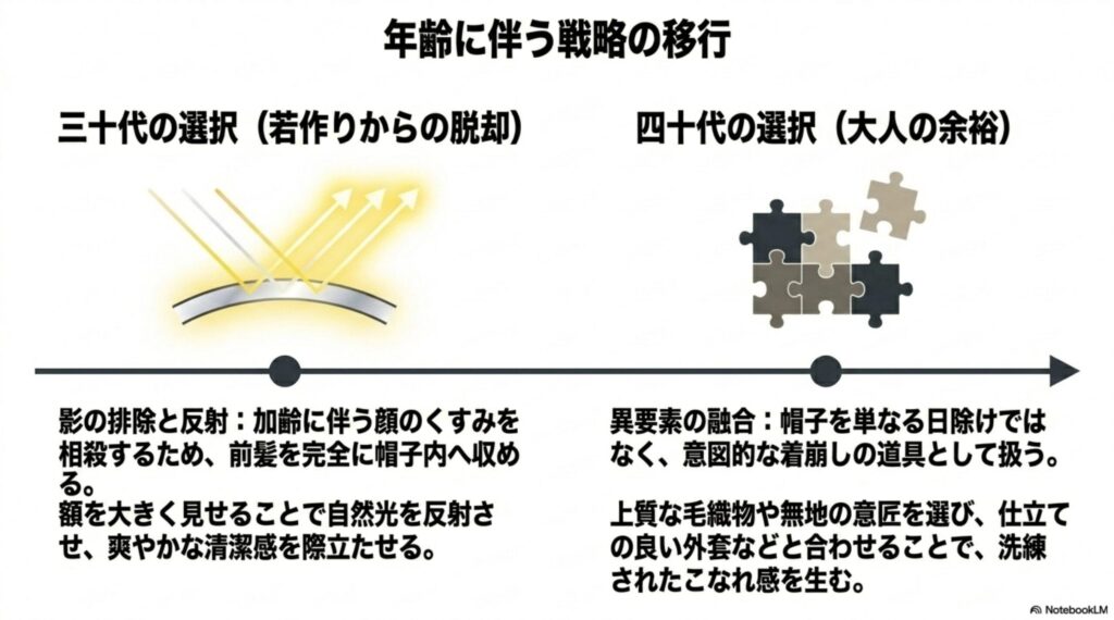 30代の選択(前髪をインして顔のくすみを相殺する影の排除)と、40代の選択(上質アイテムと合わせる異要素の融合)を解説する年齢別の帽子スタイリング戦略スライド。