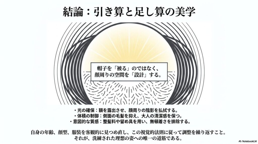 帽子をただ被るのではなく顔周りの空間を設計するという総括と、光の確保・体積の制御・意図的な質感という3つの調整要素をまとめた結論スライド。