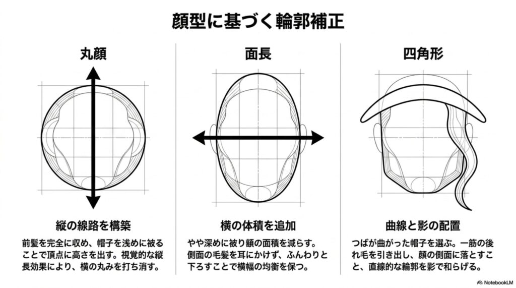 丸顔(縦線構築)、面長(横の体積追加)、四角形(曲線と影配置)の3つの顔型に合わせたキャップの最適な被り方と髪のコントロール方法をまとめたスライド。