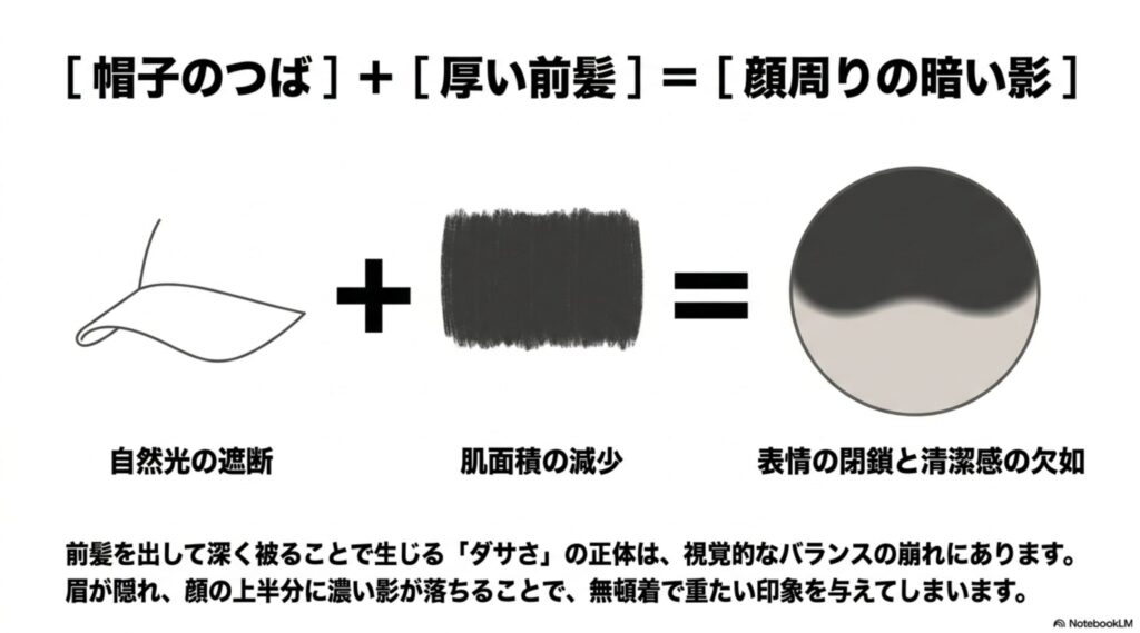 帽子のつばと厚い前髪が重なることで顔に暗い影ができ、自然光の遮断と肌面積の減少により、表情の閉鎖や清潔感の欠如を招く仕組みを示した図解スライド。