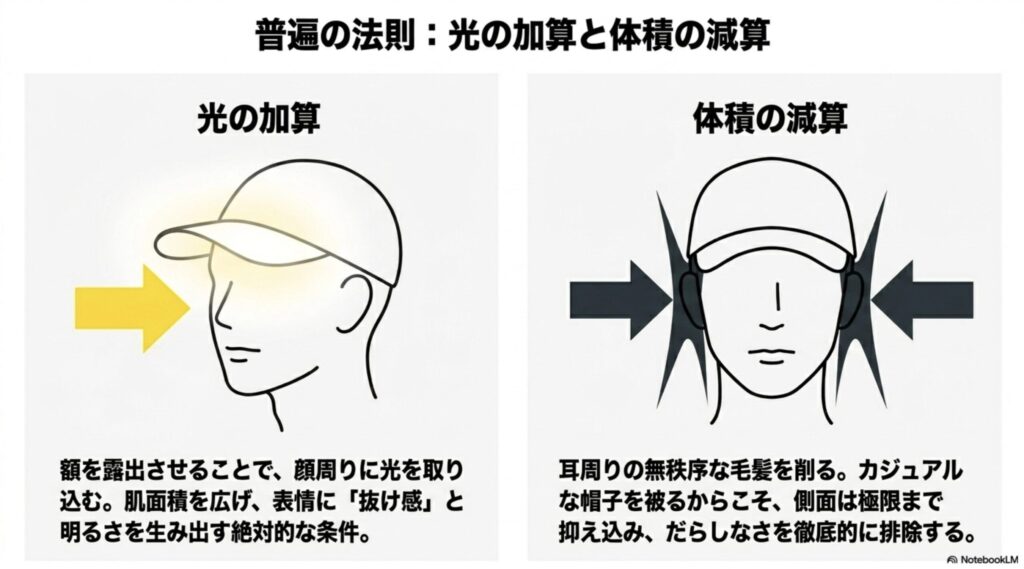 額の露出で顔周りを明るくする「光の加算」と、耳周りの毛髪を抑えてだらしなさを排除する「体積の減算」という帽子スタイリングの基本法則を解説するスライド。