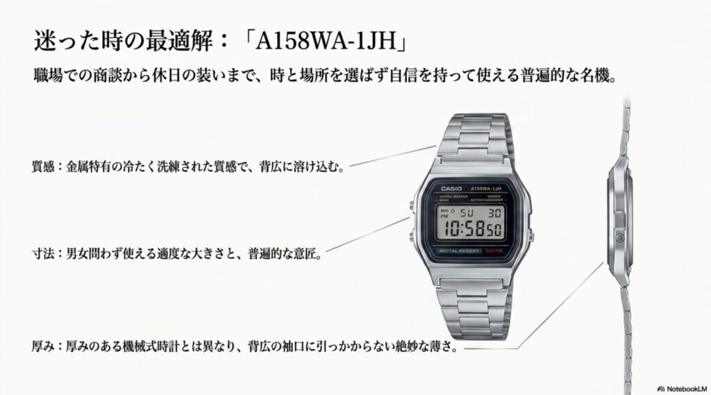 商談から休日まで使える普遍的な名機「A158WA-1JH」の魅力を解説する図 。背広に溶け込む「金属特有の洗練された質感」、男女問わず使える「適度な寸法」、機械式時計と異なり袖口に引っかからない「絶妙な薄さ」の3つの特徴を示している 。