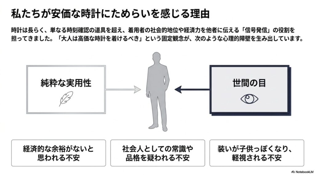 「大人は高価な時計を着けるべき」という固定観念が、経済的な余裕がないと思われる不安、社会人としての常識や品格を疑われる不安、装いが子供っぽくなり軽視される不安という3つの心理的障壁（世間の目）を生み出していることを示す図 。