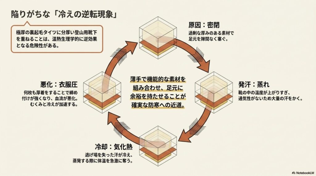 分厚い靴下の密閉や衣服圧、足の蒸れと気化熱によって起こる足元の冷えの逆転現象メカニズム