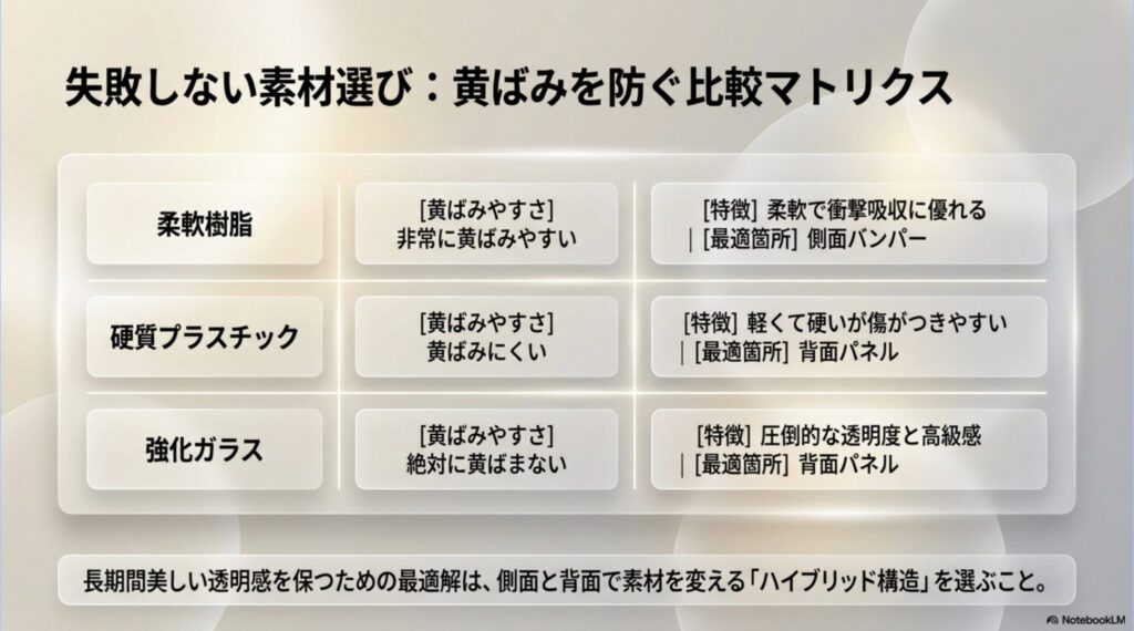 柔軟樹脂、硬質プラスチック、強化ガラスの黄ばみやすさと特徴を比較し、ハイブリッド構造を推奨する比較マトリクス