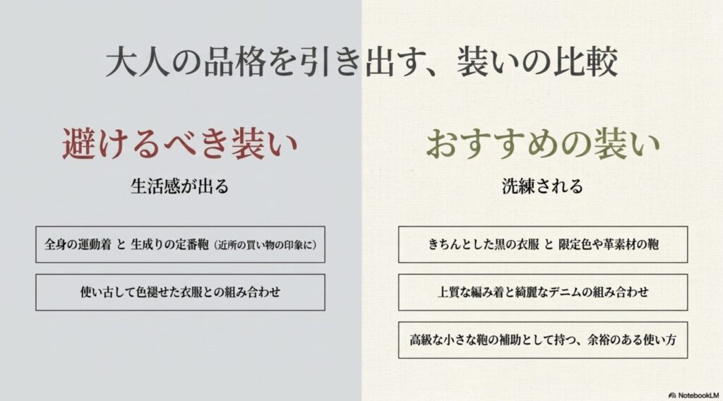 避けるべき装い(全身運動着+生成り定番鞄など)と、おすすめの装い(きちんとした黒の衣服+限定色や革素材の鞄、高級ミニバッグの補助持ちなど)を対比させ、生活感を出さずに洗練させるコツをまとめたスライド。