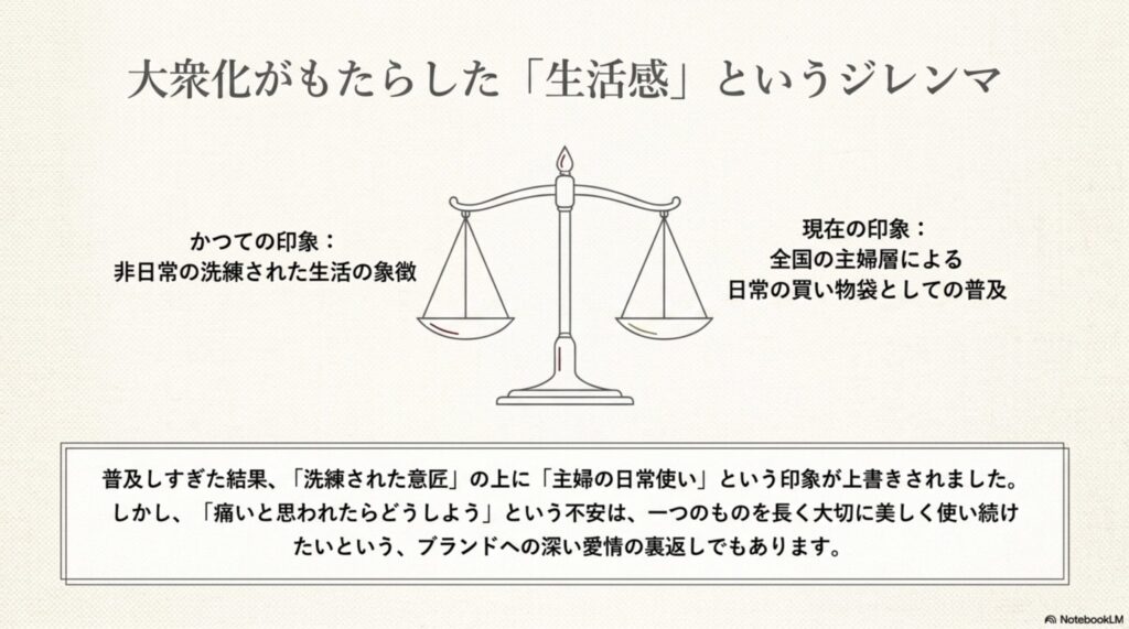 天秤のイラストで表されたジレンマ。かつての「非日常の洗練された生活の象徴」から、現在の「全国の主婦層の日常の買い物袋」への変化を解説。不安の裏には、長く美しく使い続けたいという深い愛情があることを示すスライド。