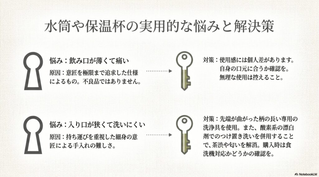 意匠追求による飲み口の痛みへの注意と、細身のデザインによる洗いにくさへの対策として、先端が曲がった柄の長い専用洗浄具や酸素系漂白剤でのつけ置き洗い、購入時の食洗機対応の確認を推奨するスライド。