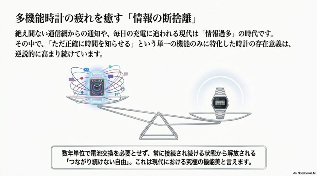 天秤の左側に通知や充電に追われる多機能時計、右側にシンプルに佇むカシオの時計を配置し、情報過多の現代における価値を比較した図 。ただ正確に時間を知らせる機能に特化し、常に接続され続ける状態から解放される「つながり続けない自由」という究極の機能美を表現している 。