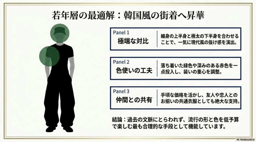細身の上半身と極太の下半身を合わせ、色使いや仲間との共有を楽しむ若年層向けの韓国風ストリートスタイルのシルエット図