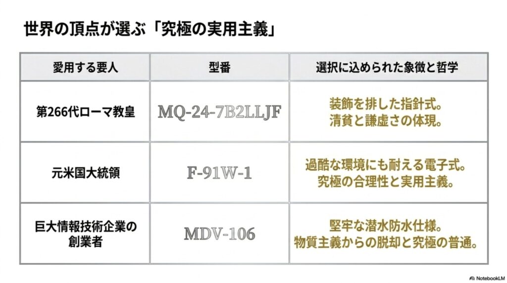 第266代ローマ教皇（MQ-24-7B2LLJF：清貧と謙虚さの体現）、元米国大統領（F-91W-1：究極の合理性と実用主義）、巨大情報技術企業の創業者（MDV-106：物質主義からの脱却と究極の普通）が選ぶカシオの型番と、その選択に込められた象徴と哲学をまとめた表形式の図 。